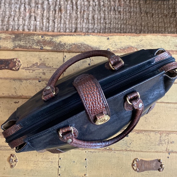 VINTAGE BRAHMIN DESIGNER BLACK 100% LEATHER BROWN CROC STRUCTURED BAG PURSE - Picture 13 of 16